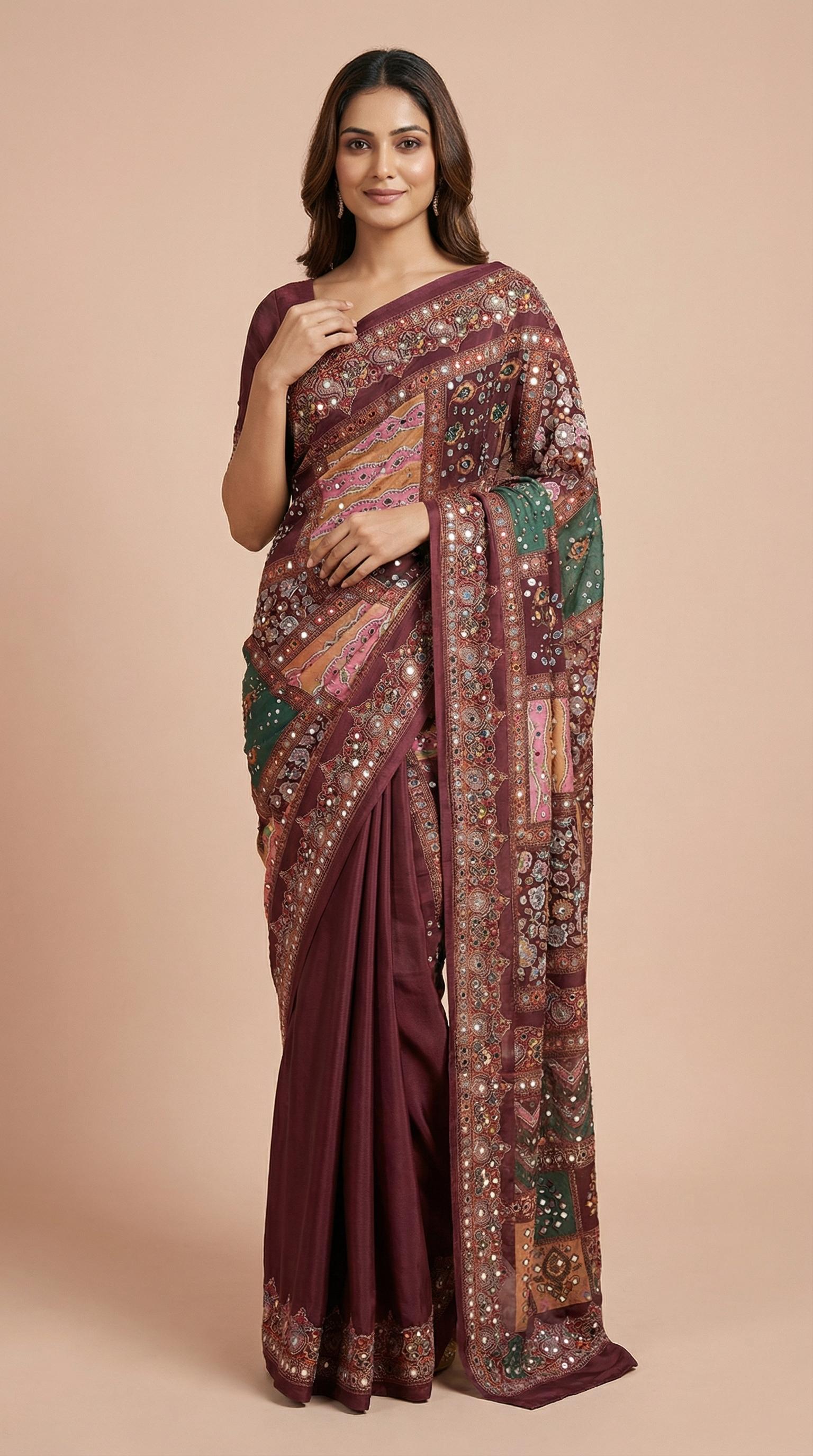 Wine Vichitra Silk Mirror Work Saree with Multi-Color Patchwork