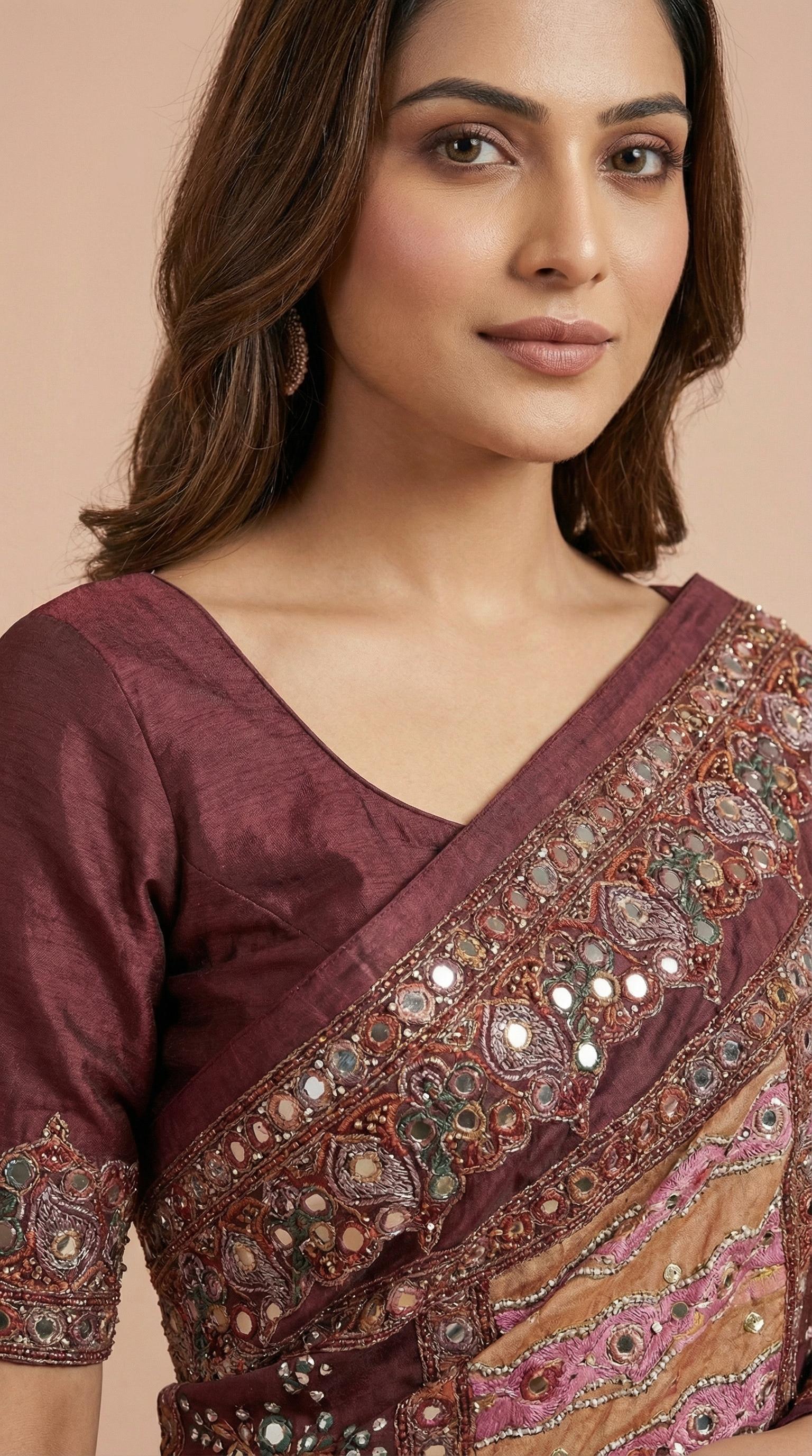 Wine Vichitra Silk Mirror Work Saree with Multi-Color Patchwork