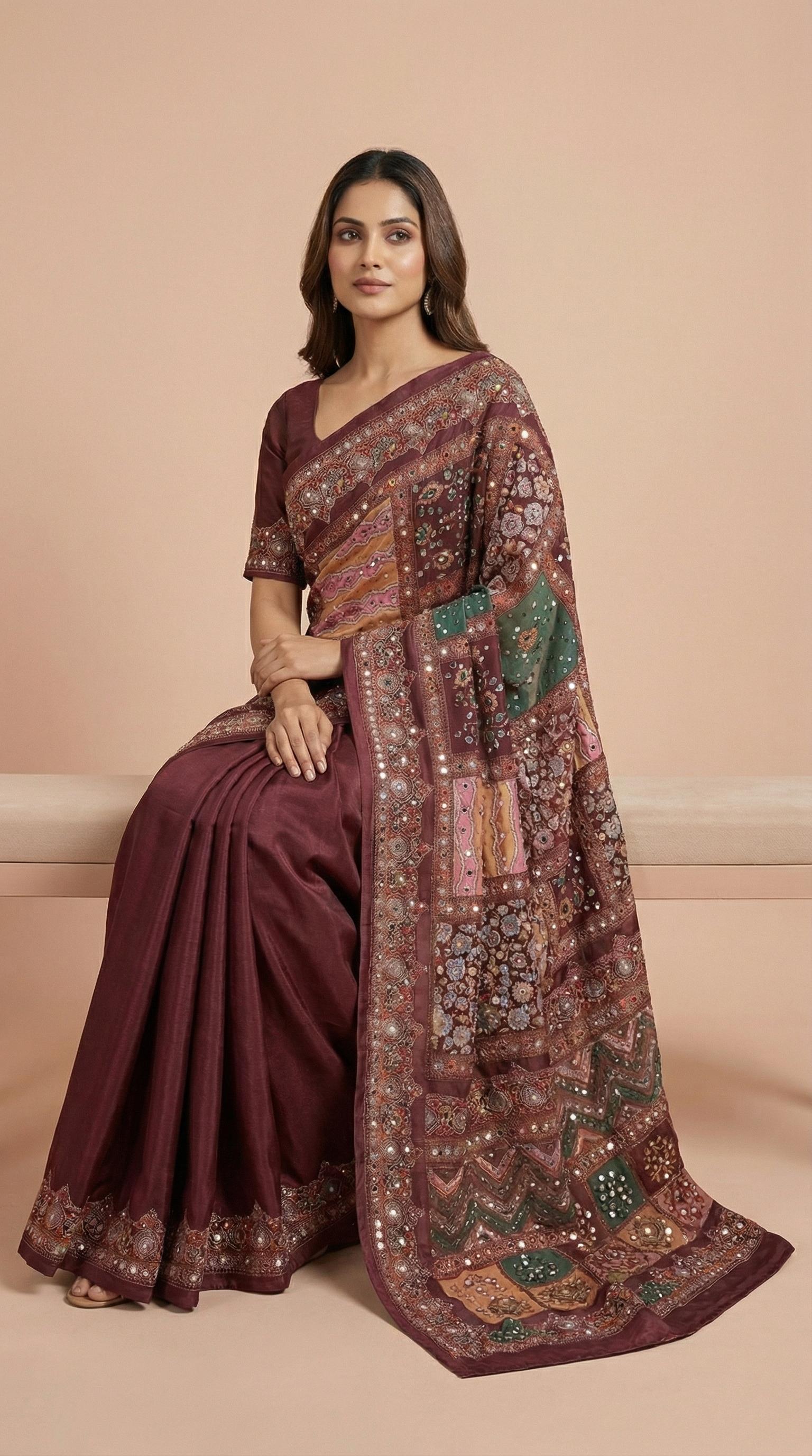Wine Vichitra Silk Mirror Work Saree with Multi-Color Patchwork