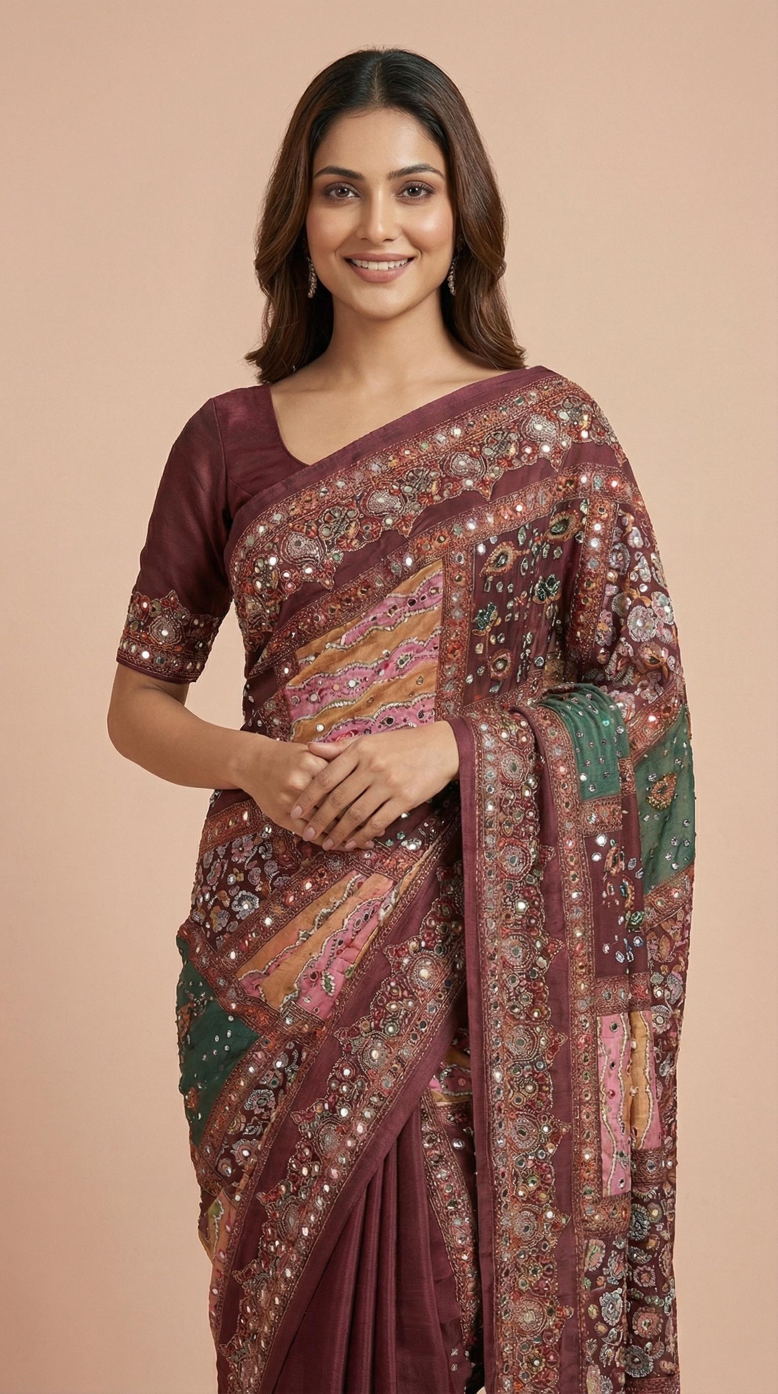 Wine Vichitra Silk Mirror Work Saree with Multi-Color Patchwork