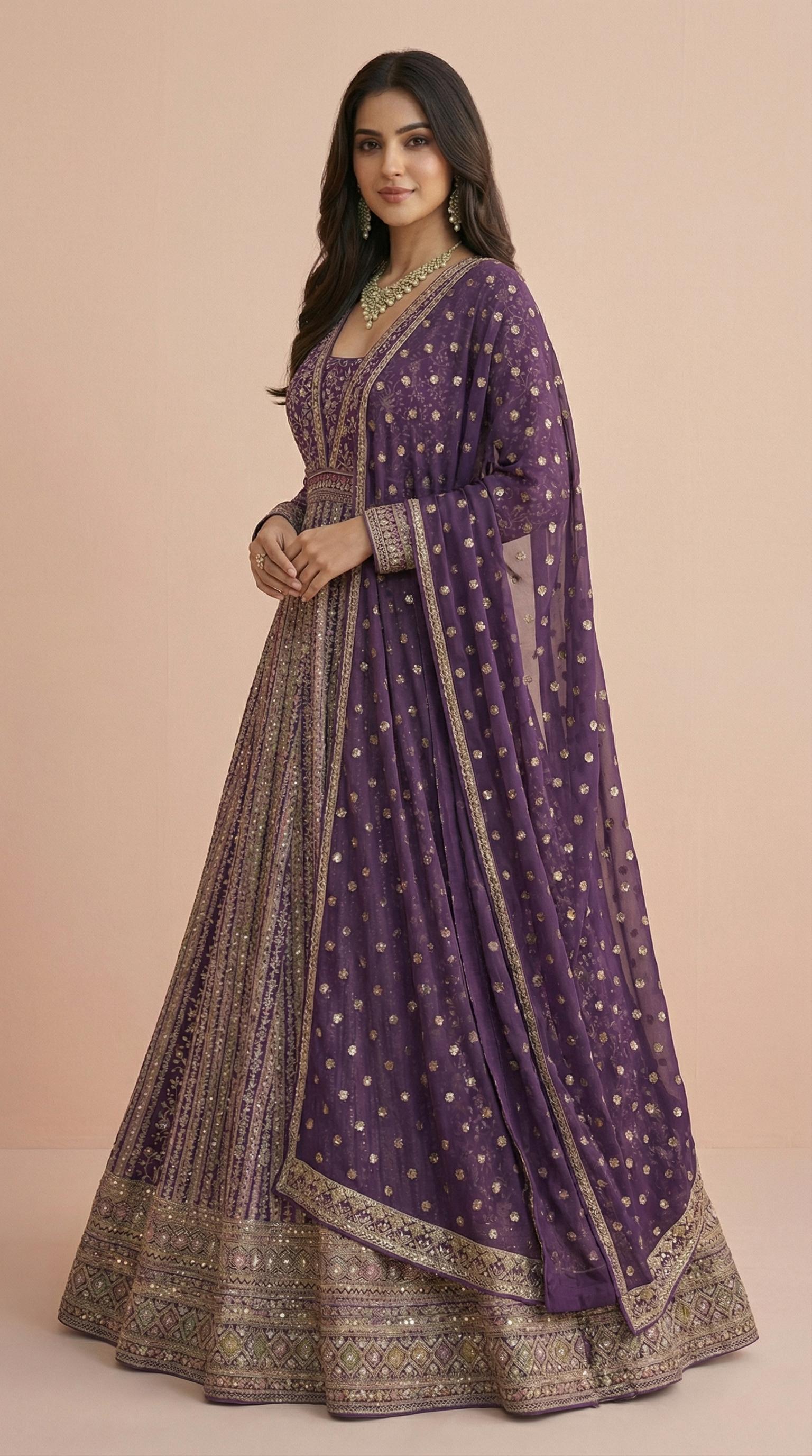 Deep Purple Real Georgette Heavily Embroidered Gown Set