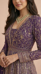 Deep Purple Real Georgette Heavily Embroidered Gown Set