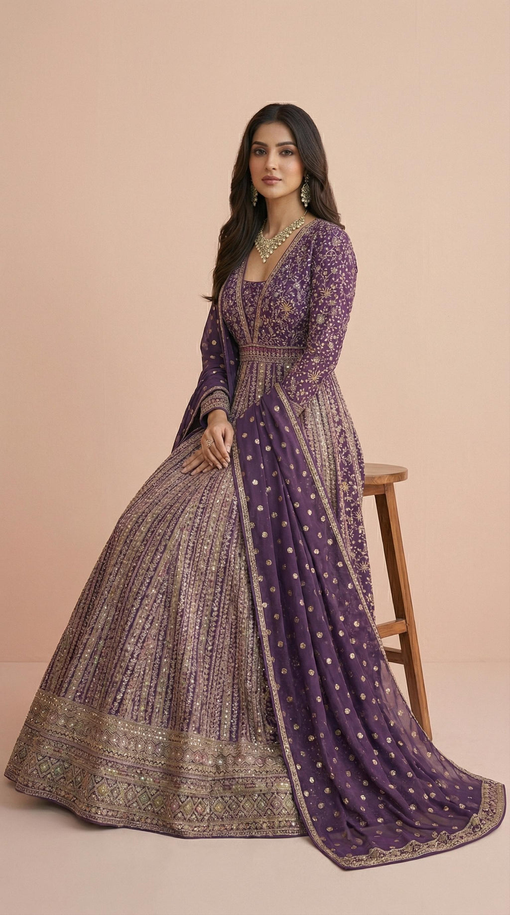 Deep Purple Real Georgette Heavily Embroidered Gown Set