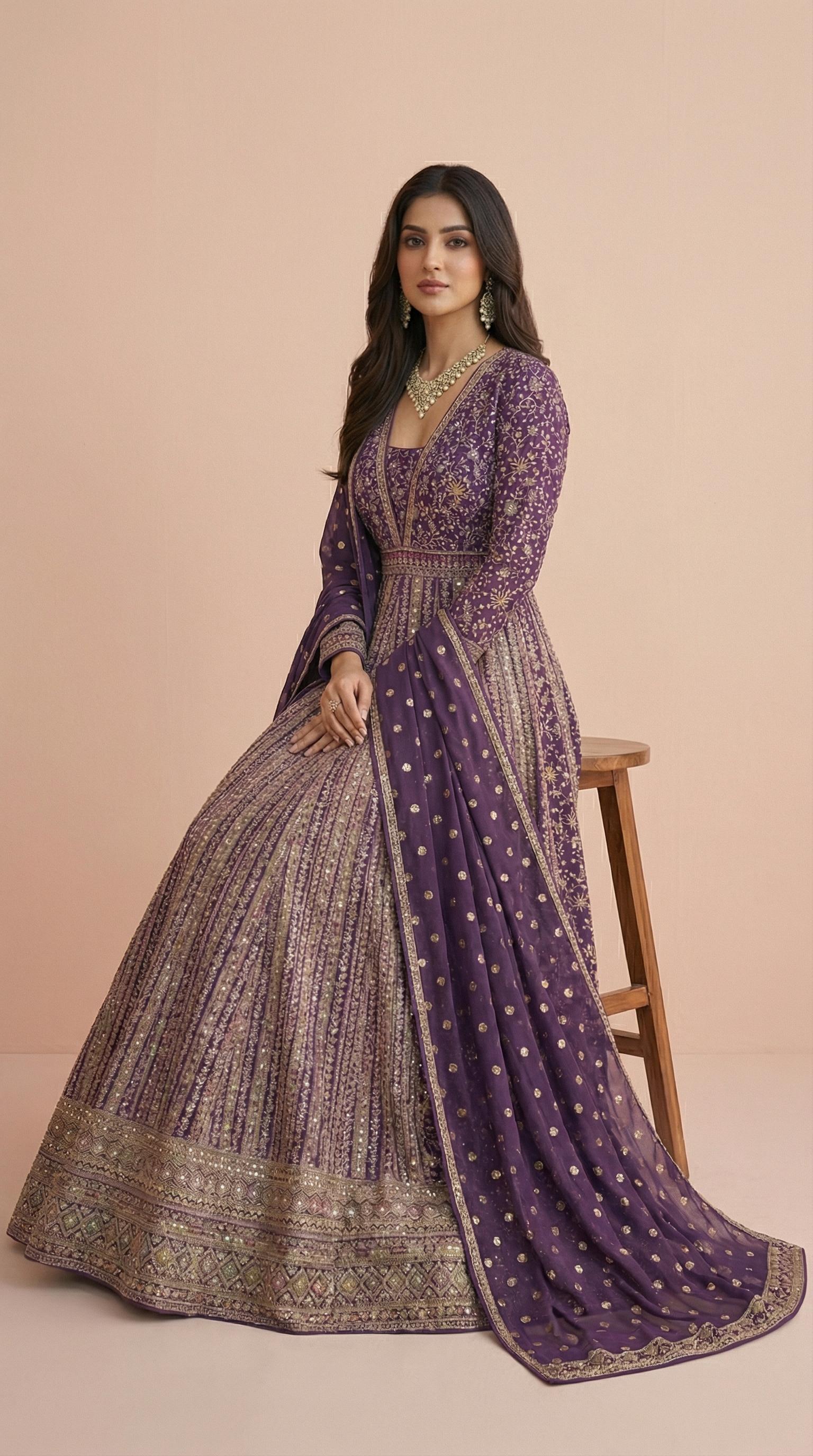 Deep Purple Real Georgette Heavily Embroidered Gown Set