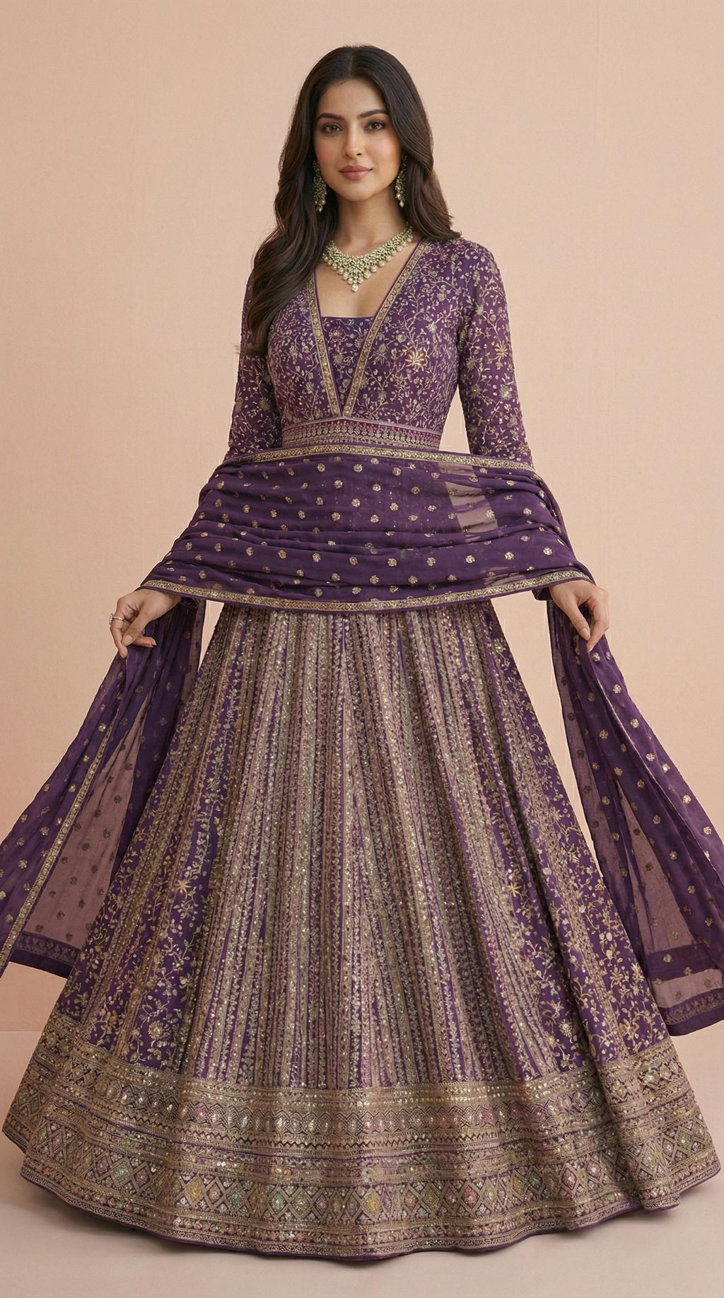 Deep Purple Real Georgette Heavily Embroidered Gown Set