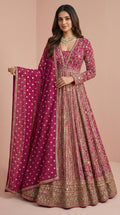 Magenta Real Georgette Heavily Embroidered Gown Set