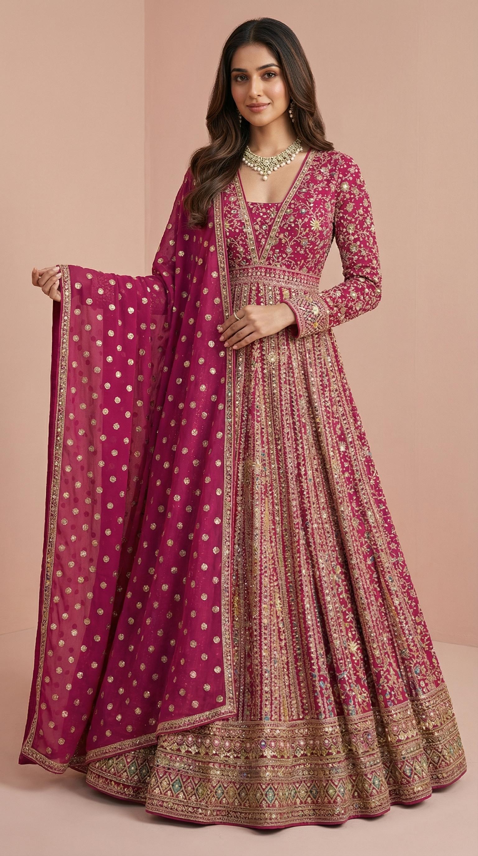 Magenta Real Georgette Heavily Embroidered Gown Set