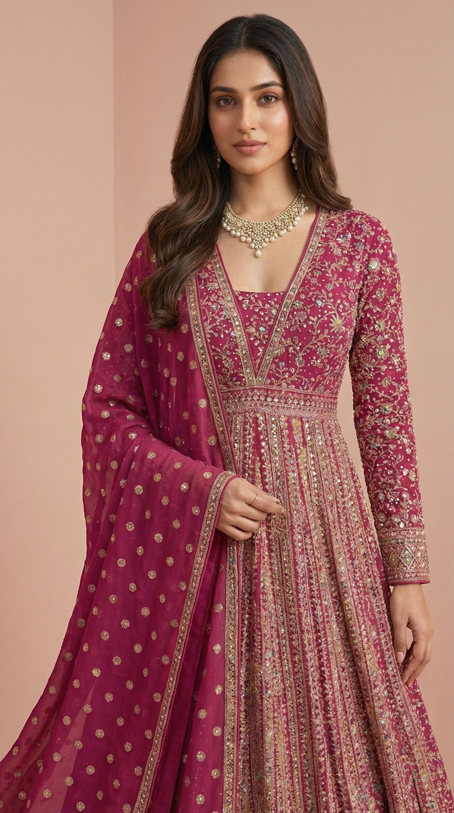 Magenta Real Georgette Heavily Embroidered Gown Set