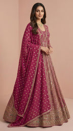Magenta Real Georgette Heavily Embroidered Gown Set
