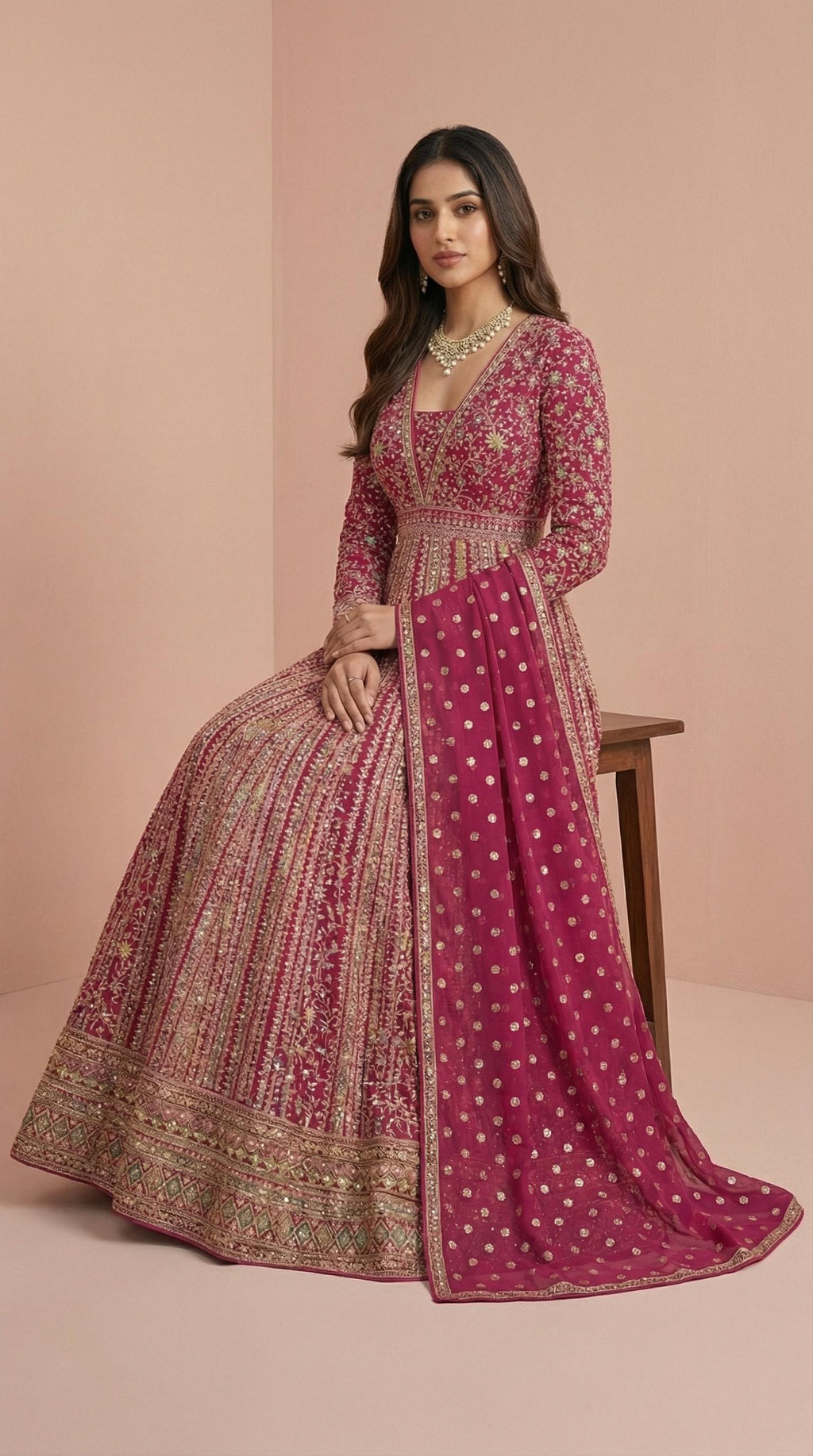 Magenta Real Georgette Heavily Embroidered Gown Set