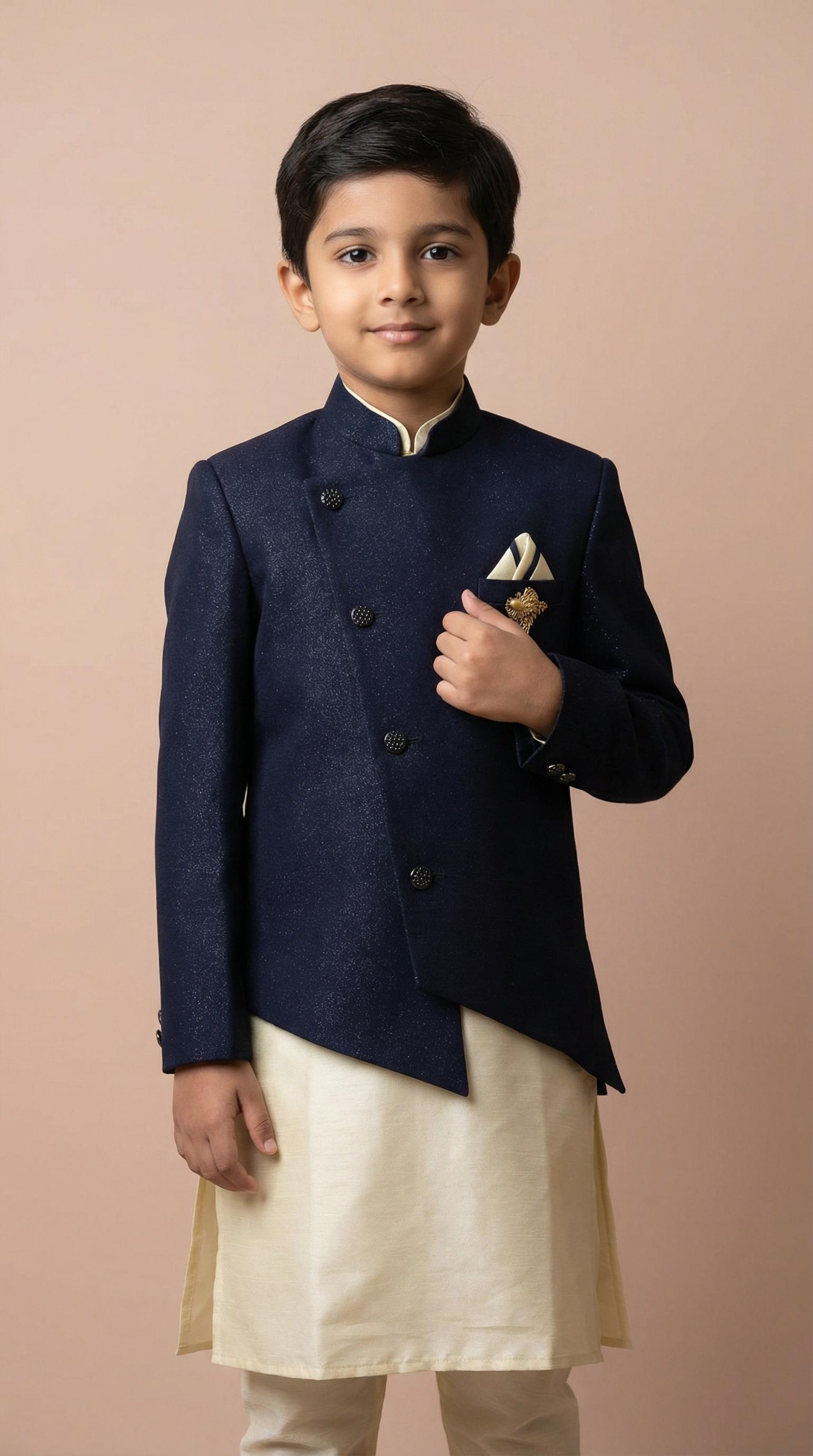 Boy's Midnight Navy & Cream Indo-Western Kurta Pajama Set