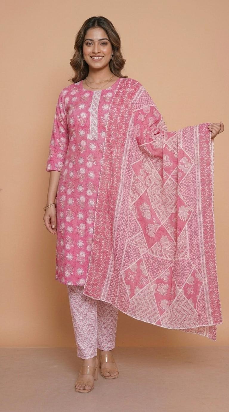 Ensemble de costume en pur coton à imprimé floral rose