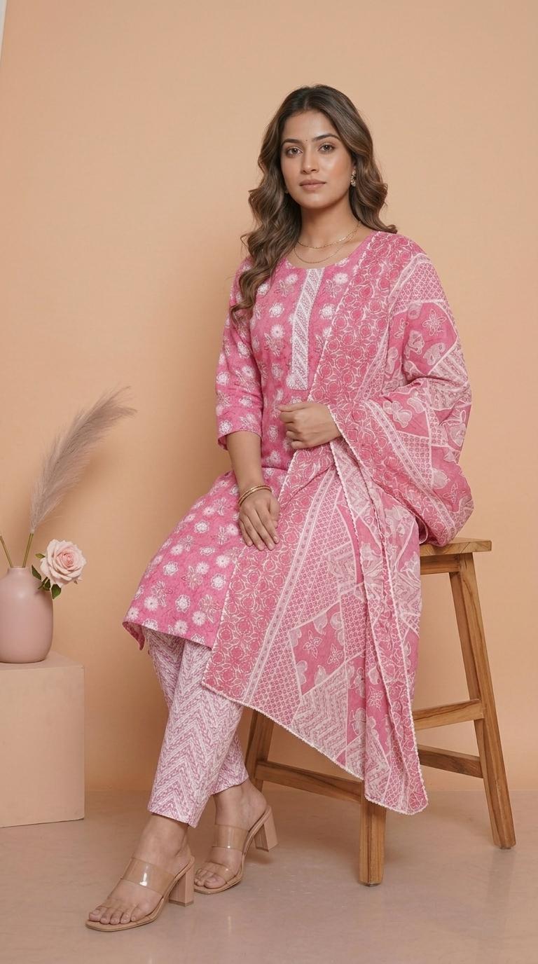 Ensemble de costume en pur coton à imprimé floral rose