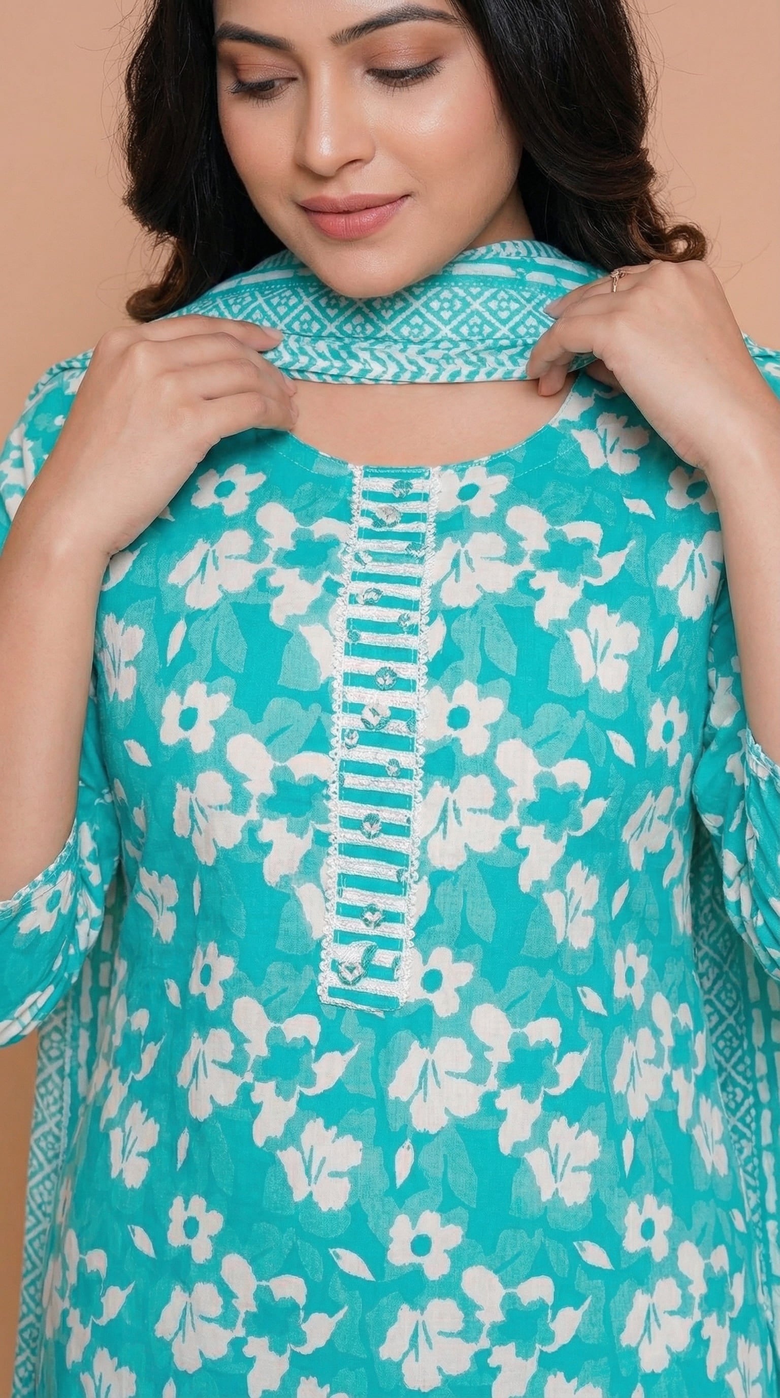 Teal Floral Printed Cotton Suit Set