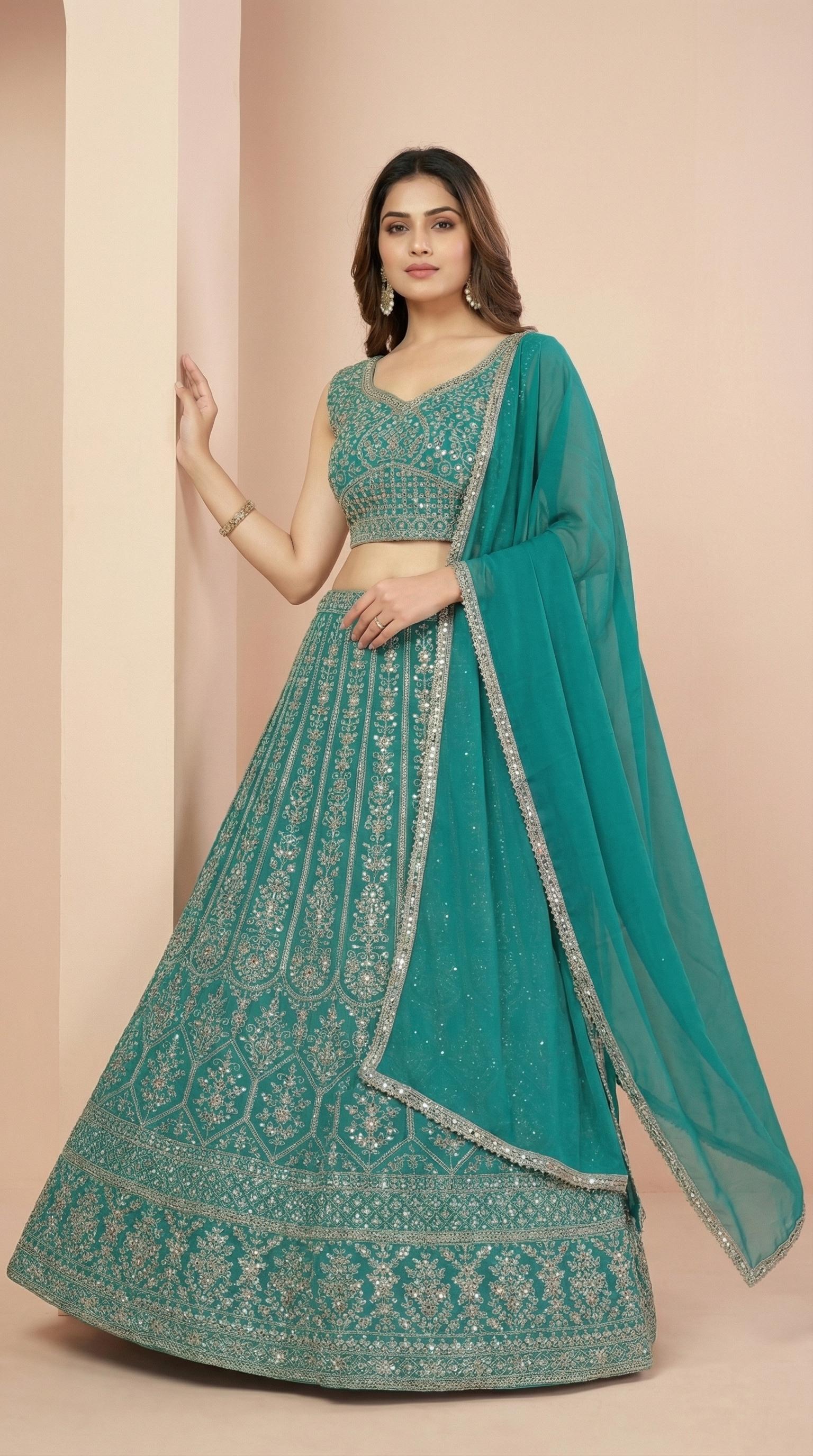 Teal Heavy Embroidered Lehenga Choli Set
