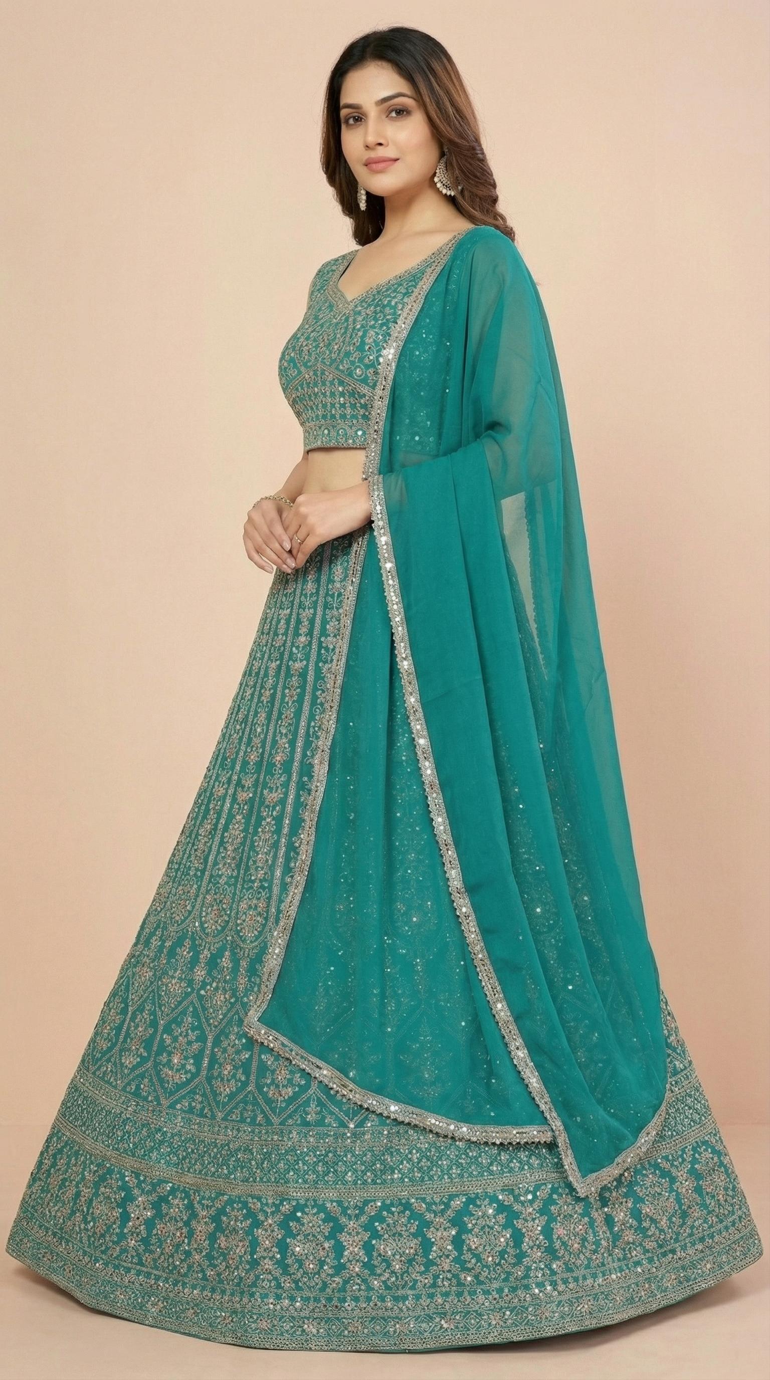 Teal Heavy Embroidered Lehenga Choli Set