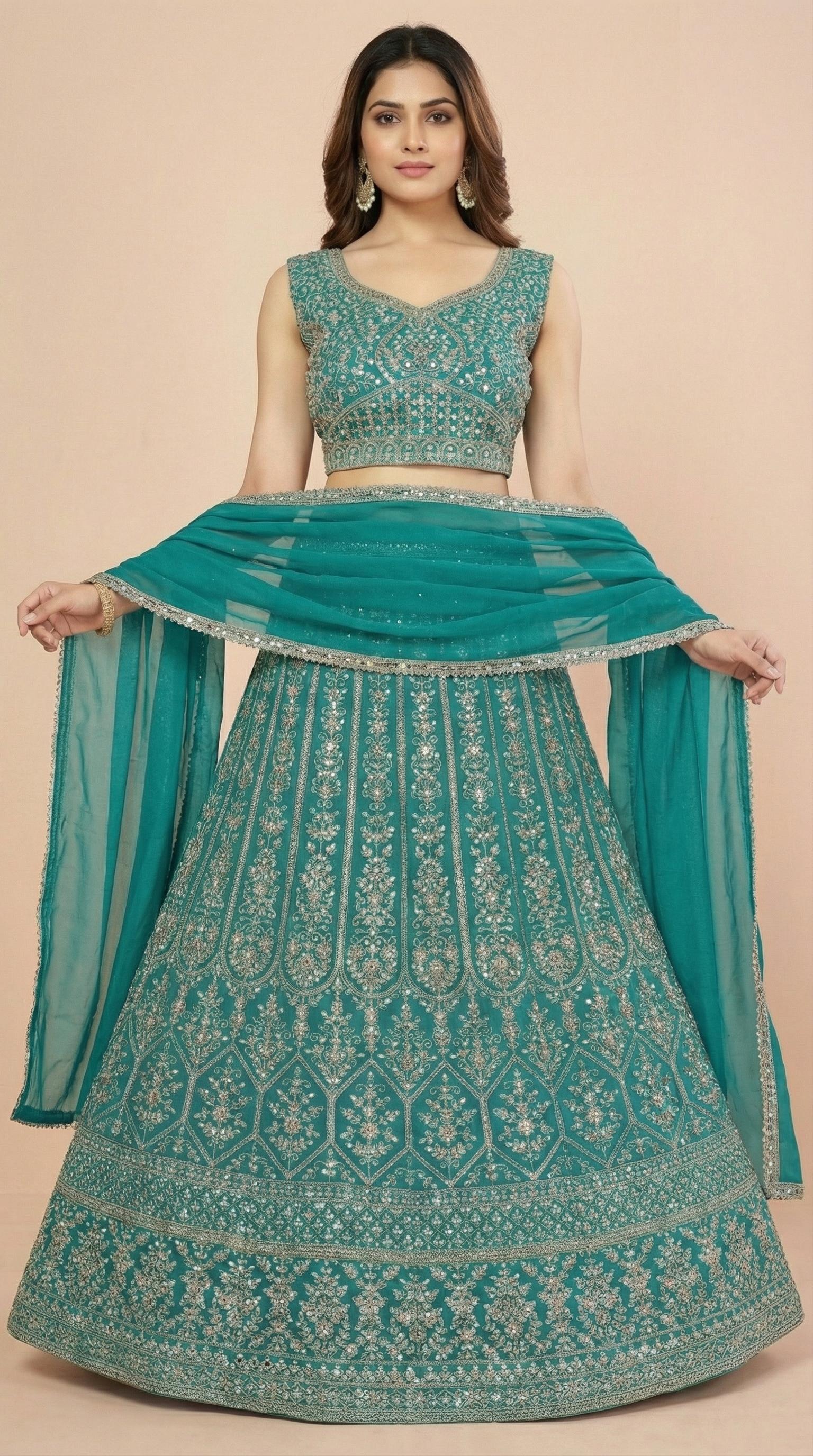Teal Heavy Embroidered Lehenga Choli Set