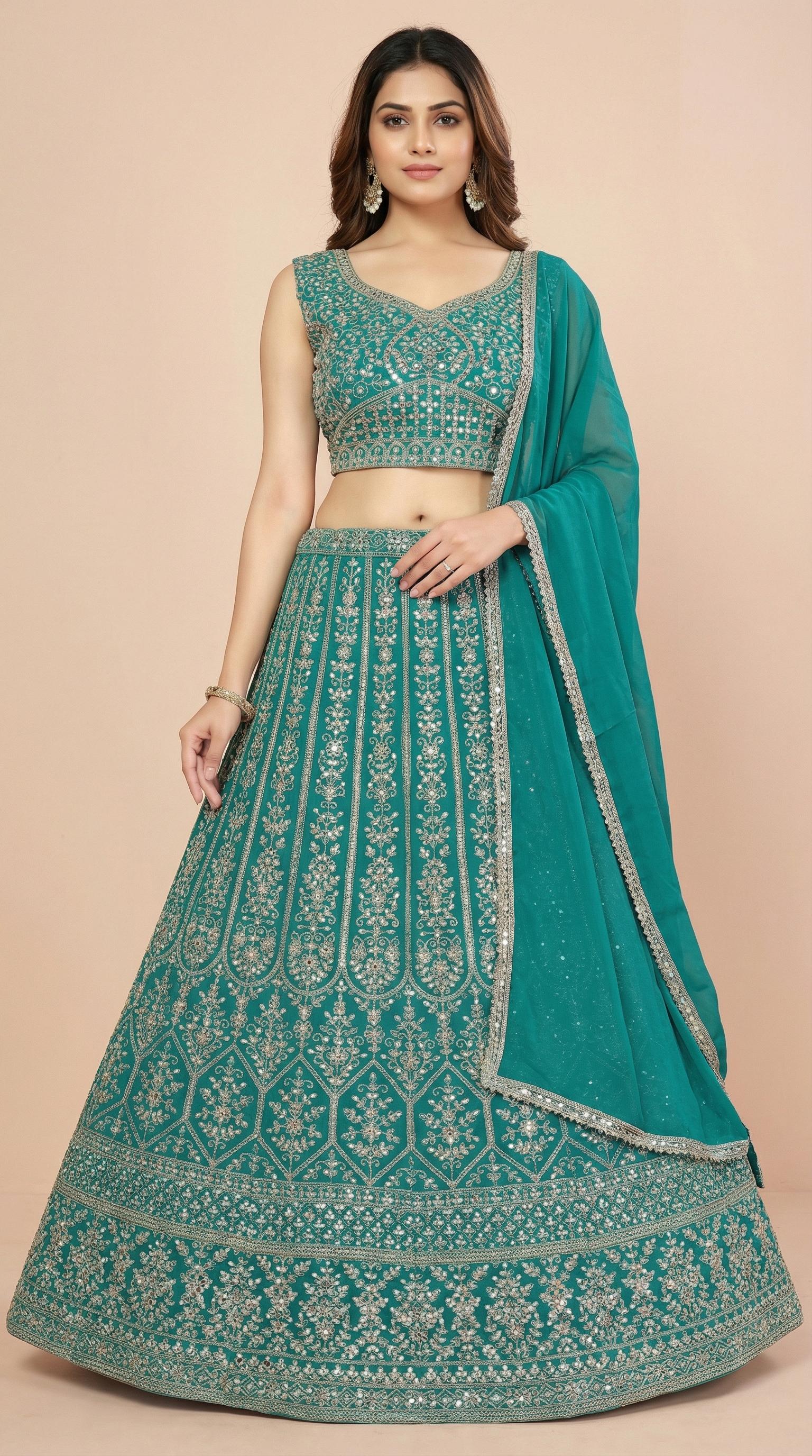 Teal Heavy Embroidered Lehenga Choli Set
