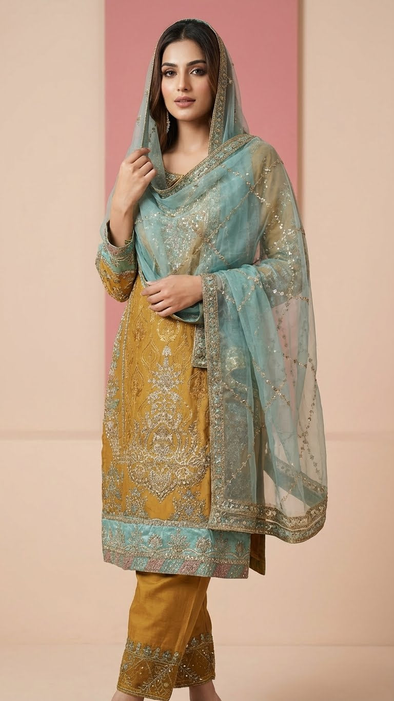 Antique Gold & Aqua Heavy Silk 3-Piece Suit Set with Zari & Jamawar Embroidery