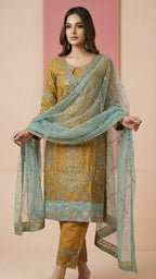 Antique Gold & Aqua Heavy Silk 3-Piece Suit Set with Zari & Jamawar Embroidery