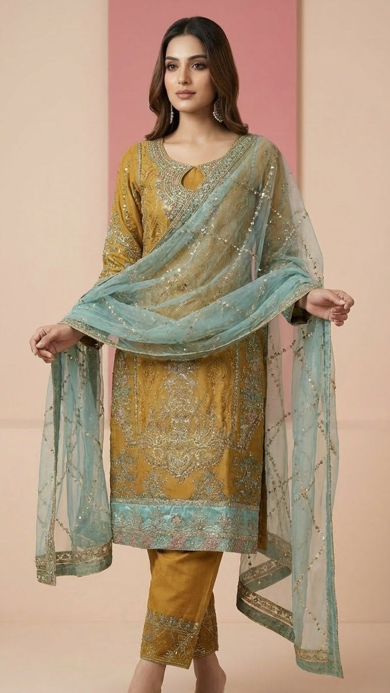 Antique Gold & Aqua Heavy Silk 3-Piece Suit Set with Zari & Jamawar Embroidery