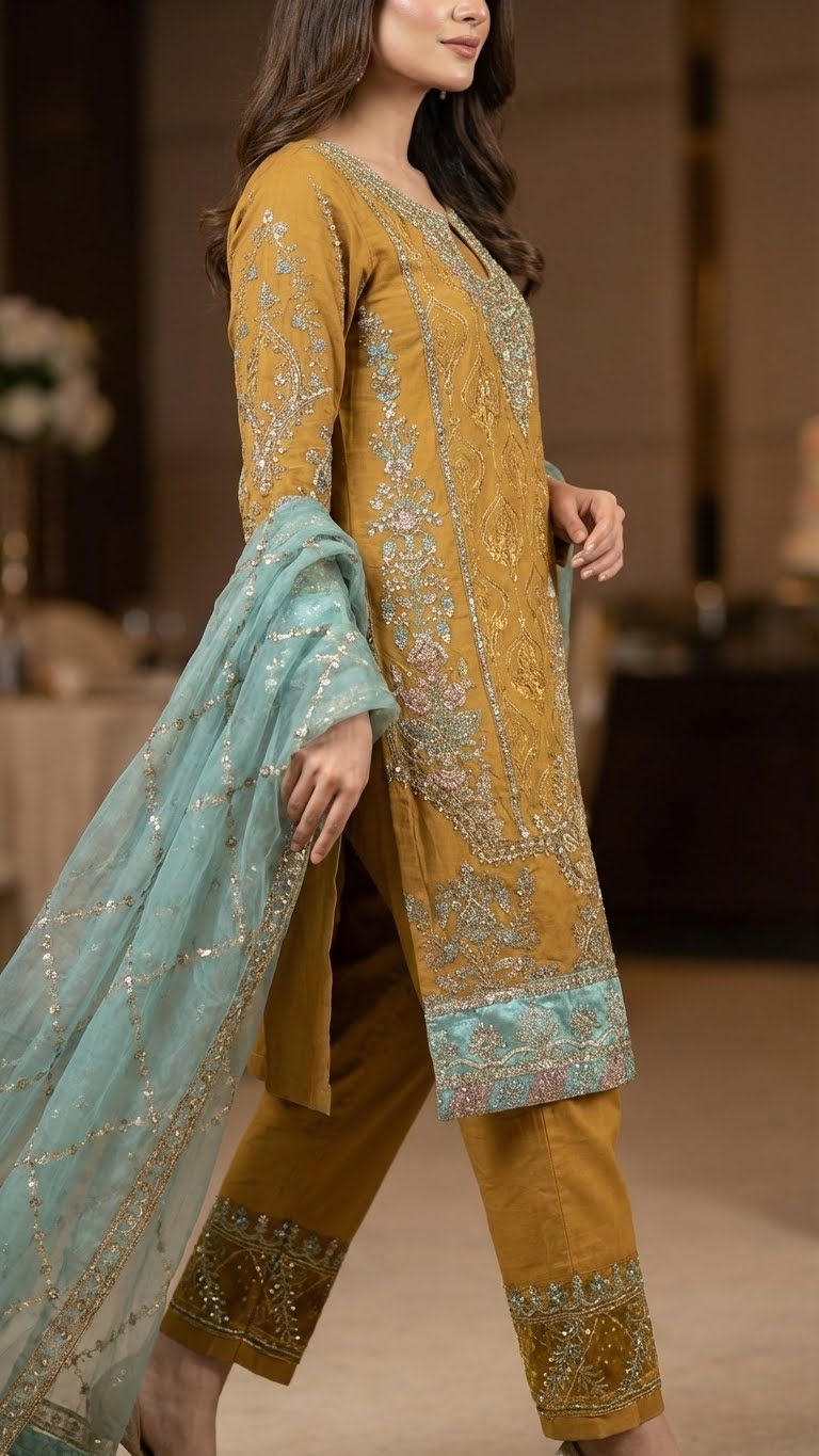 Antique Gold & Aqua Heavy Silk 3-Piece Suit Set with Zari & Jamawar Embroidery