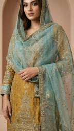 Antique Gold & Aqua Heavy Silk 3-Piece Suit Set with Zari & Jamawar Embroidery