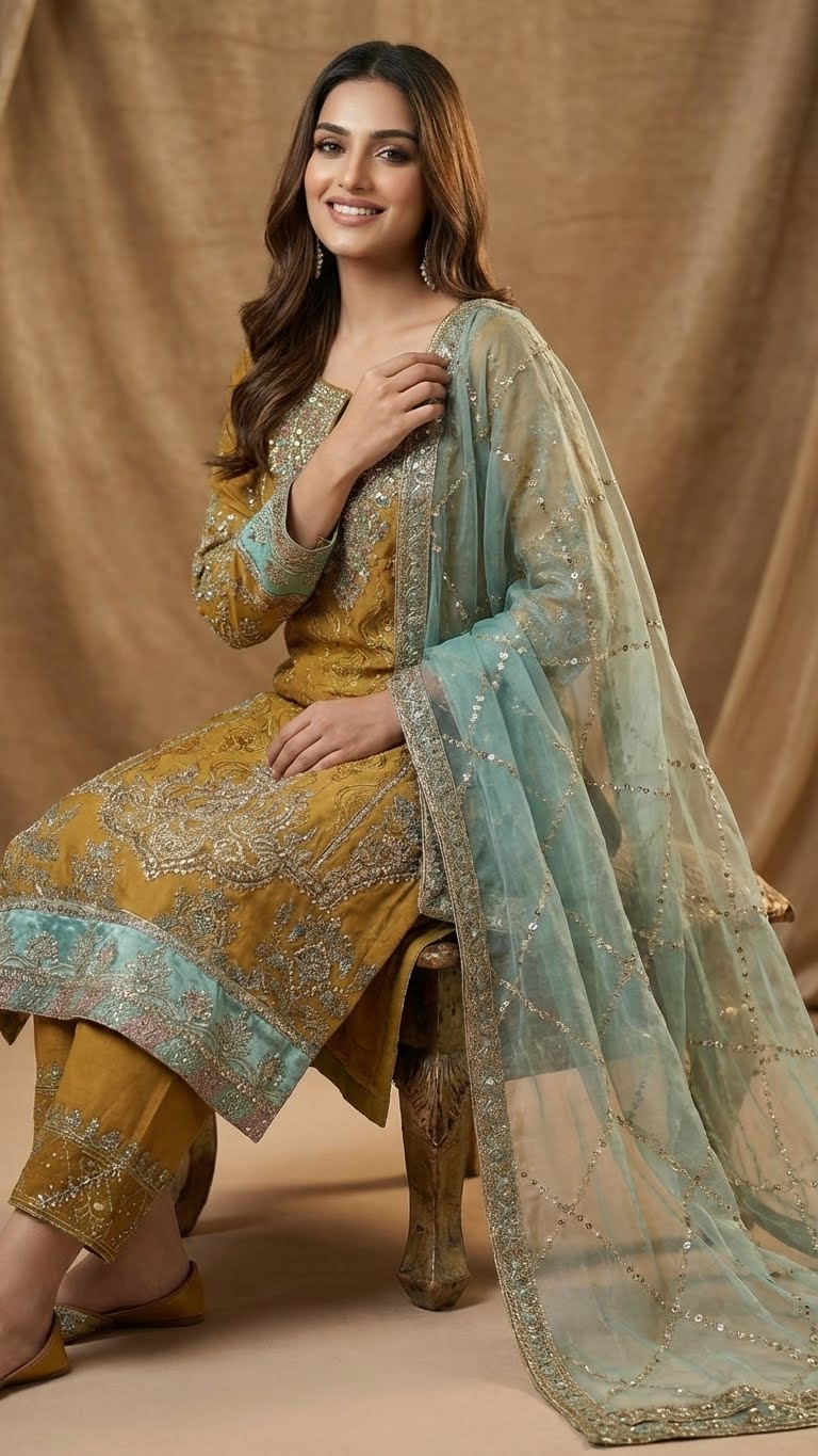 Antique Gold & Aqua Heavy Silk 3-Piece Suit Set with Zari & Jamawar Embroidery
