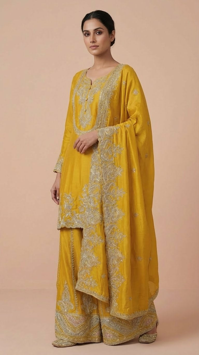 Lime Yellow Heavy Soft Silk 3-Piece Plazo Set with Elegant Thread Work
