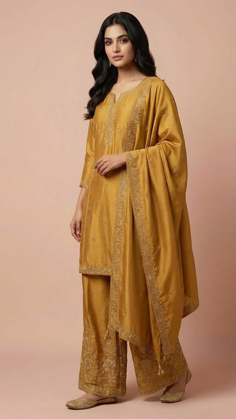 Mustard Gold Heavy Soft Silk 3-Piece Plazo Set with Elegant Thread Work