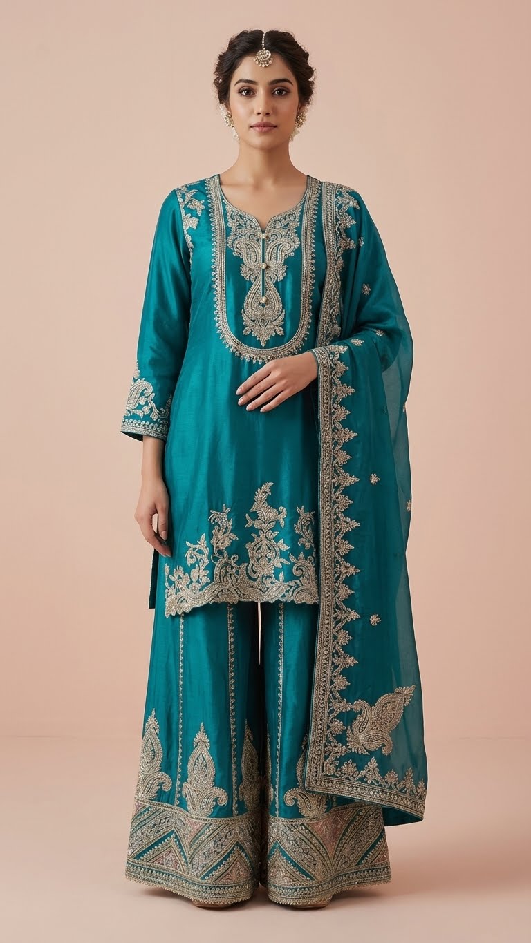Teal Heavy Soft Silk 3-Piece Plazo Set with Elegant Thread Work