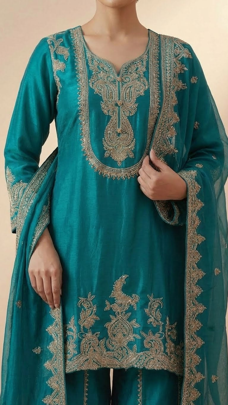 Teal Heavy Soft Silk 3-Piece Plazo Set with Elegant Thread Work