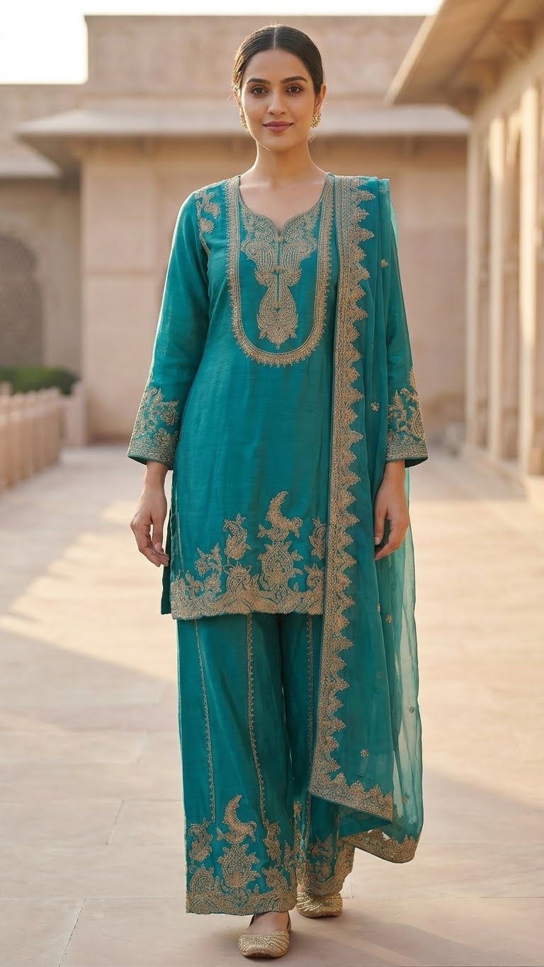 Teal Heavy Soft Silk 3-Piece Plazo Set with Elegant Thread Work