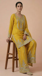 Lime Yellow Heavy Soft Silk 3-Piece Plazo Set with Elegant Thread Work