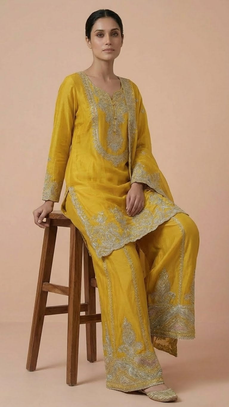 Lime Yellow Heavy Soft Silk 3-Piece Plazo Set with Elegant Thread Work