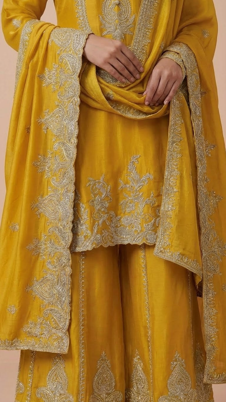 Lime Yellow Heavy Soft Silk 3-Piece Plazo Set with Elegant Thread Work