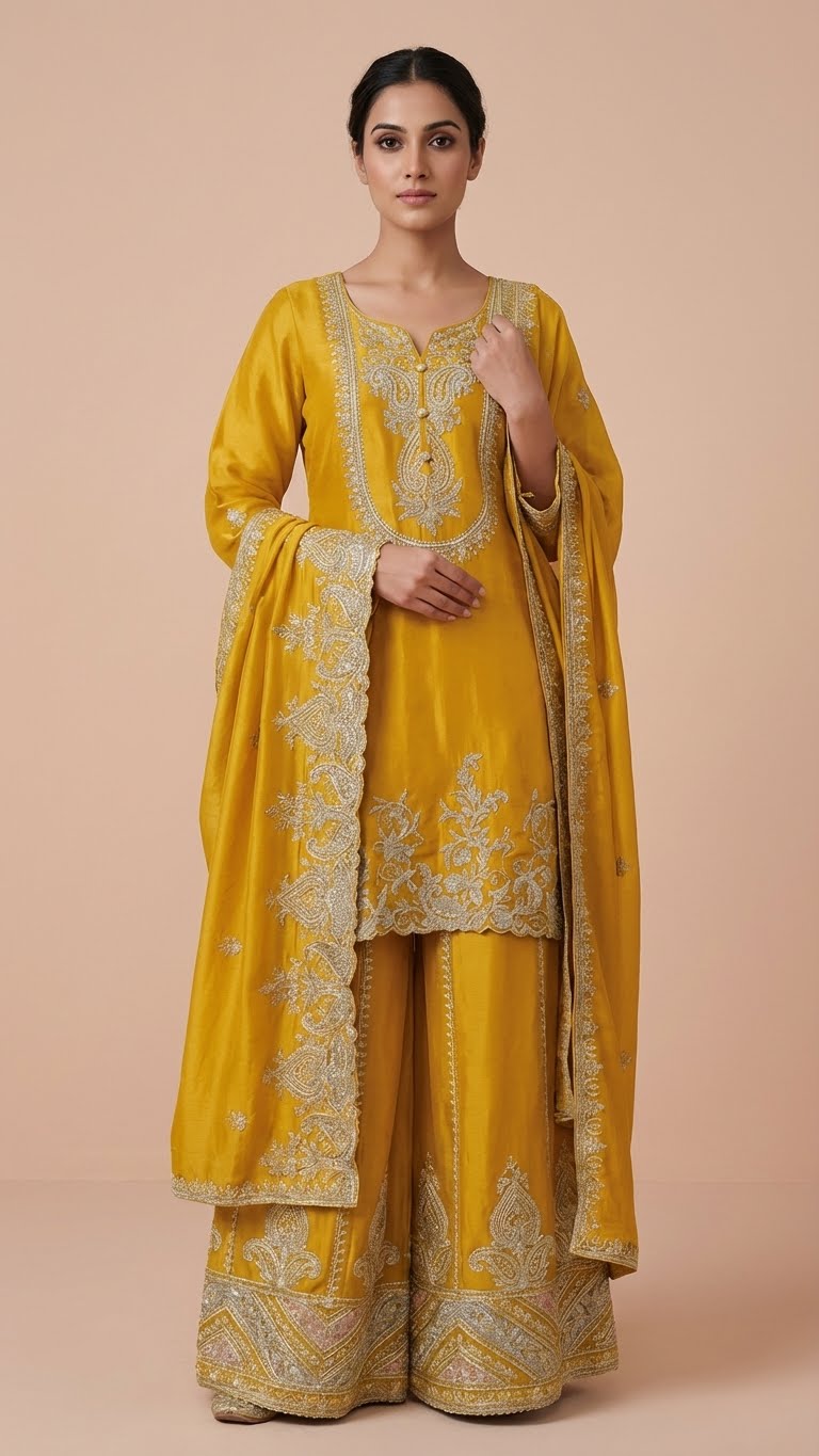 Lime Yellow Heavy Soft Silk 3-Piece Plazo Set with Elegant Thread Work