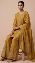 Mustard Gold Heavy Soft Silk 3-Piece Plazo Set with Elegant Thread Work