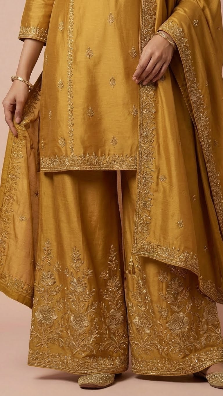 Mustard Gold Heavy Soft Silk 3-Piece Plazo Set with Elegant Thread Work