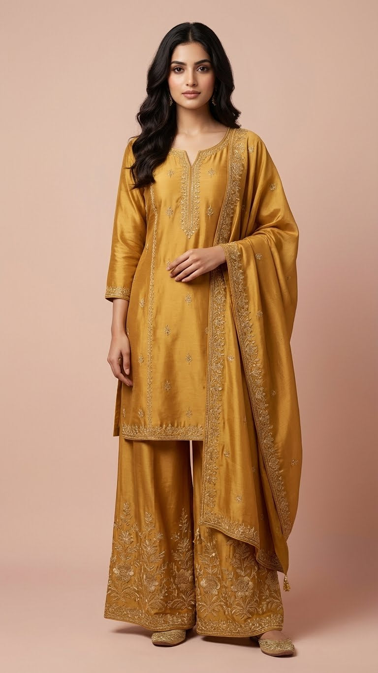 Mustard Gold Heavy Soft Silk 3-Piece Plazo Set with Elegant Thread Work