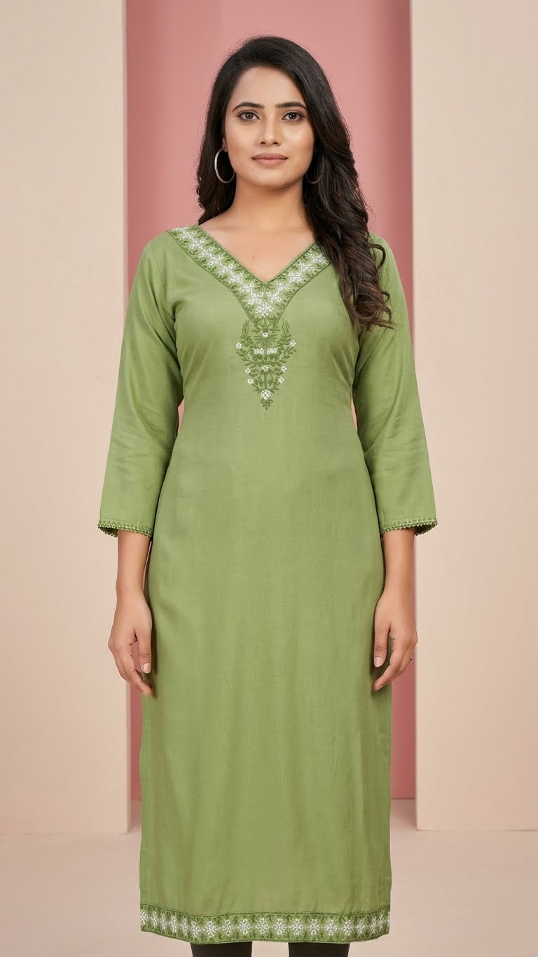 Olive Green Rayon Cotton Kurti with Gala Embroidery