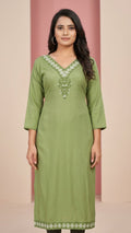 Olive Green Rayon Cotton Kurti with Gala Embroidery