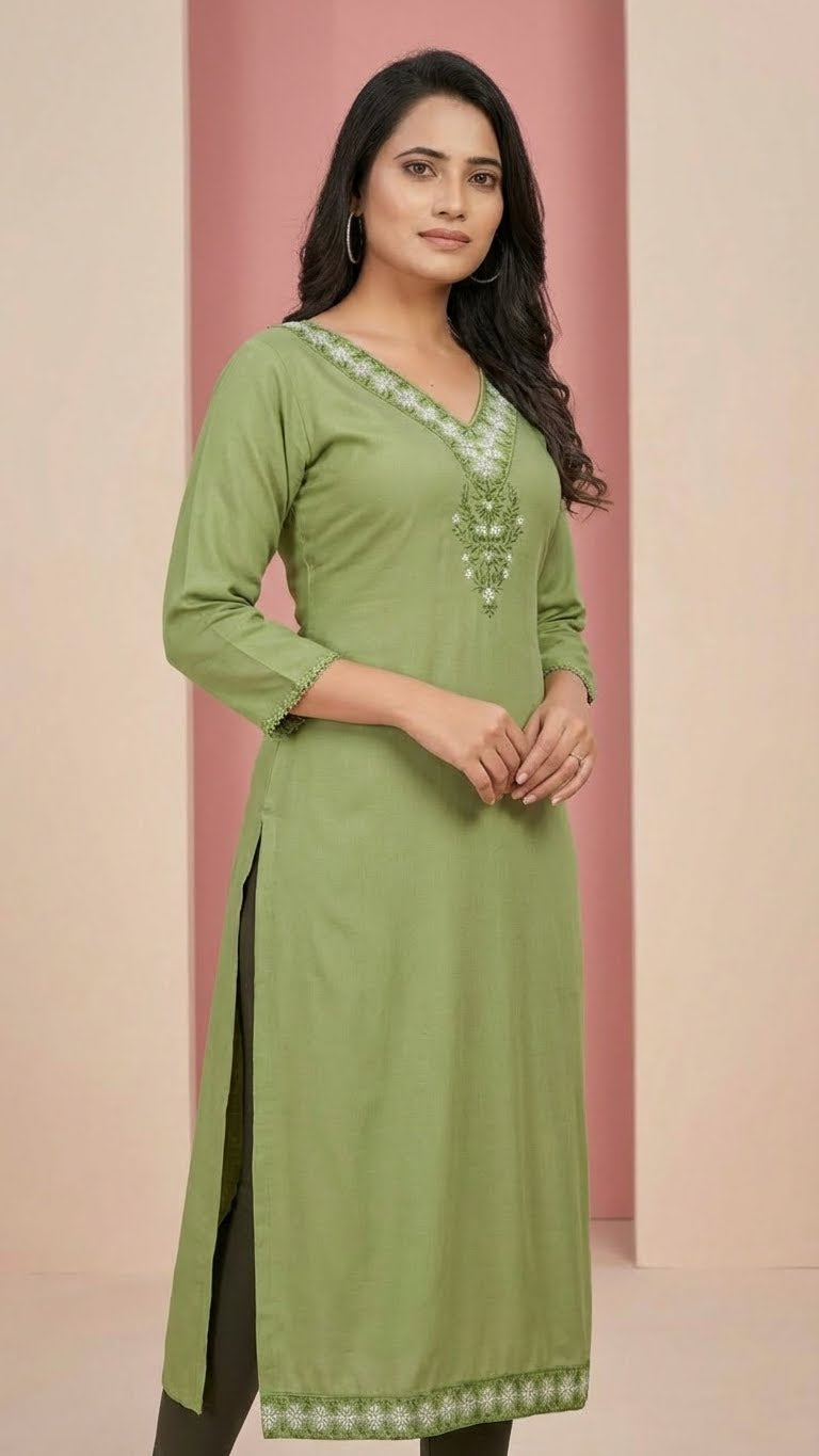 Olive Green Rayon Cotton Kurti with Gala Embroidery