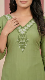 Olive Green Rayon Cotton Kurti with Gala Embroidery