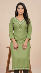 Olive Green Rayon Cotton Kurti with Gala Embroidery