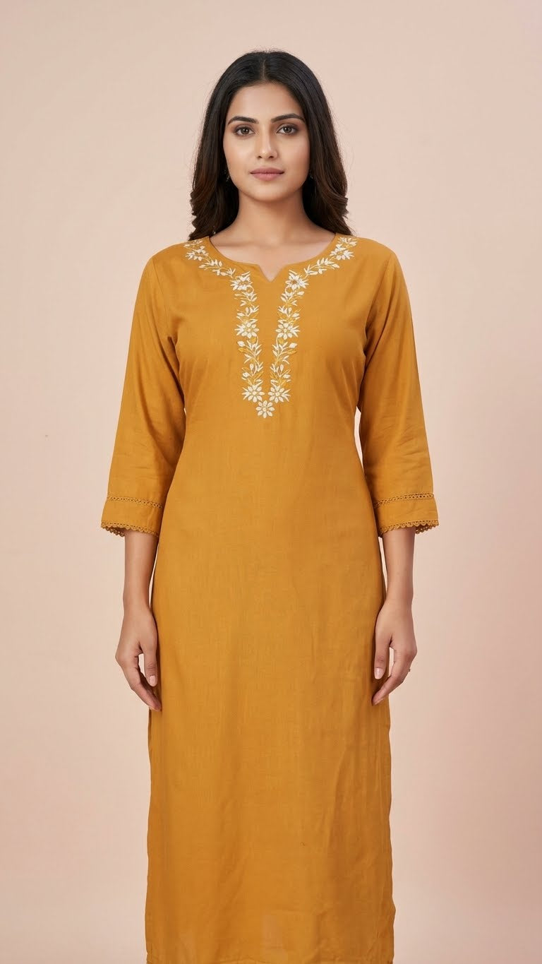 Mustard Gold Rayon Cotton Long Kurti with Gala Embroidery