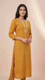 Mustard Gold Rayon Cotton Long Kurti with Gala Embroidery