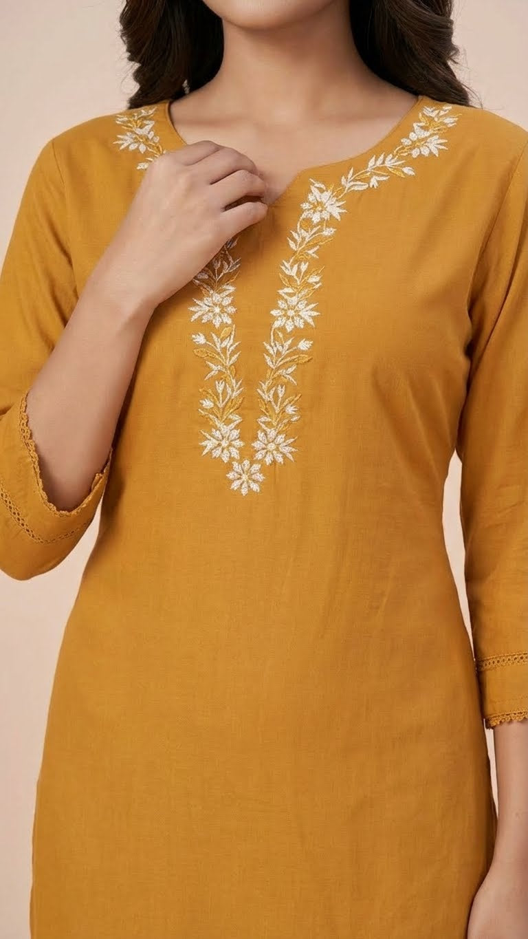 Mustard Gold Rayon Cotton Long Kurti with Gala Embroidery
