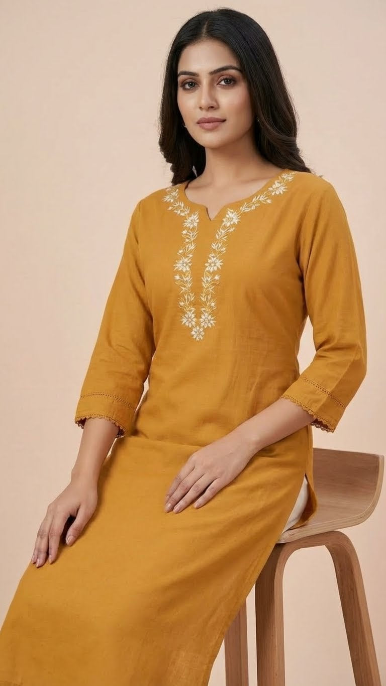 Mustard Gold Rayon Cotton Long Kurti with Gala Embroidery