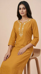 Mustard Gold Rayon Cotton Long Kurti with Gala Embroidery